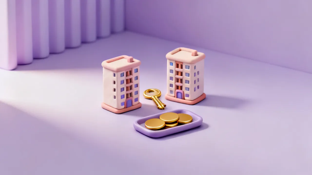 보라색 바탕에 작은 아파트 모형 두 채와 황금 열쇠, 금화가 담긴 쟁반이 놓인 3D 그림 — 부동산 중개보수를 나타냄
