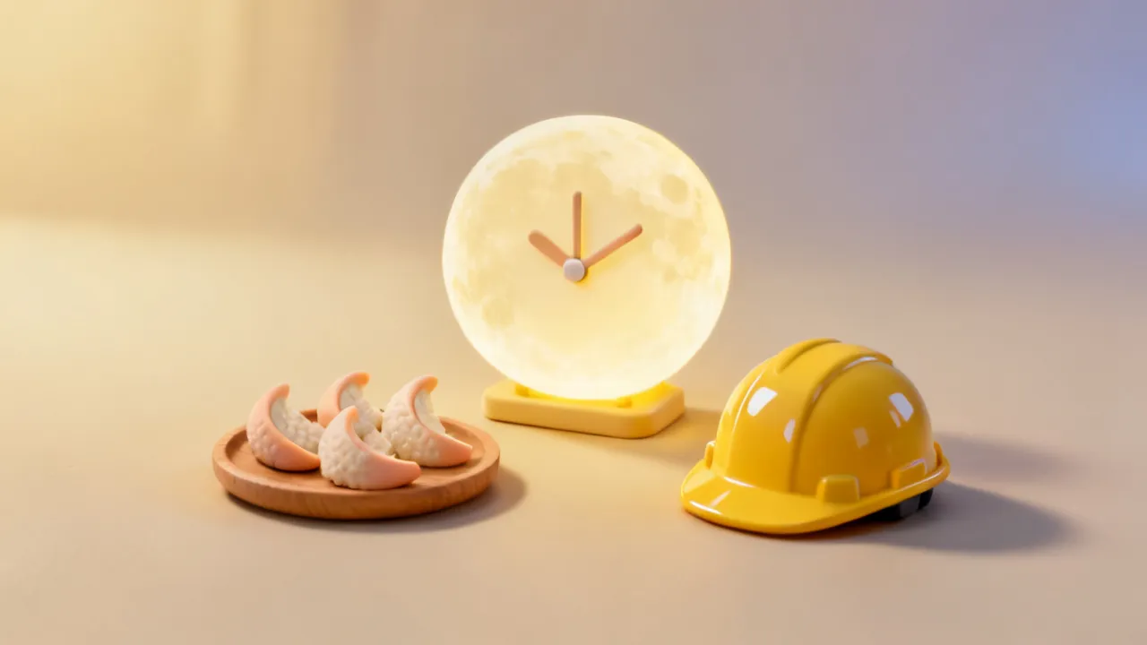 보름달 모양의 둥근 탁상시계 옆에 송편이 담긴 작은 나무 접시와 작업용 안전모 하나가 놓인 3D 그림 — 추석 연휴에도 출근해 일하는 날의 휴일근로수당을 나타냄