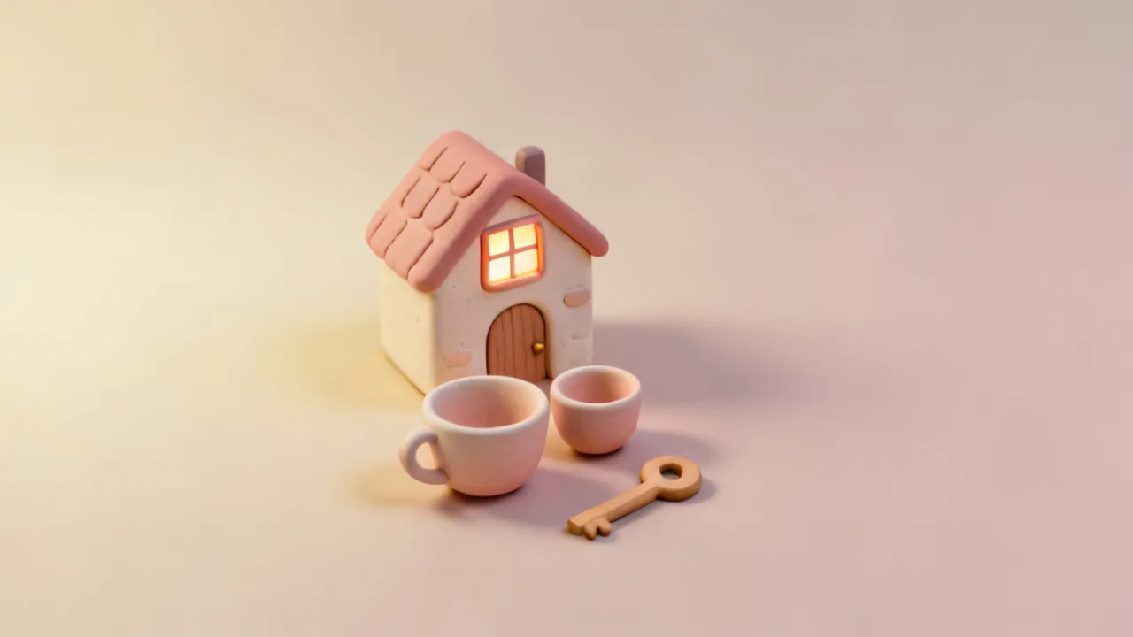 연한 크림색에서 분홍으로 번지는 바탕에 창에 불이 켜진 작은 집 모형 한 채가 놓이고 현관 앞에 크기가 다른 찻잔 두 개와 나무 열쇠 하나가 나란히 있는 3D 그림 — 한 집에서 오래 함께 산 부모와 자녀가 그 집을 물려받을 때 받는 동거주택 상속공제를 나타냄