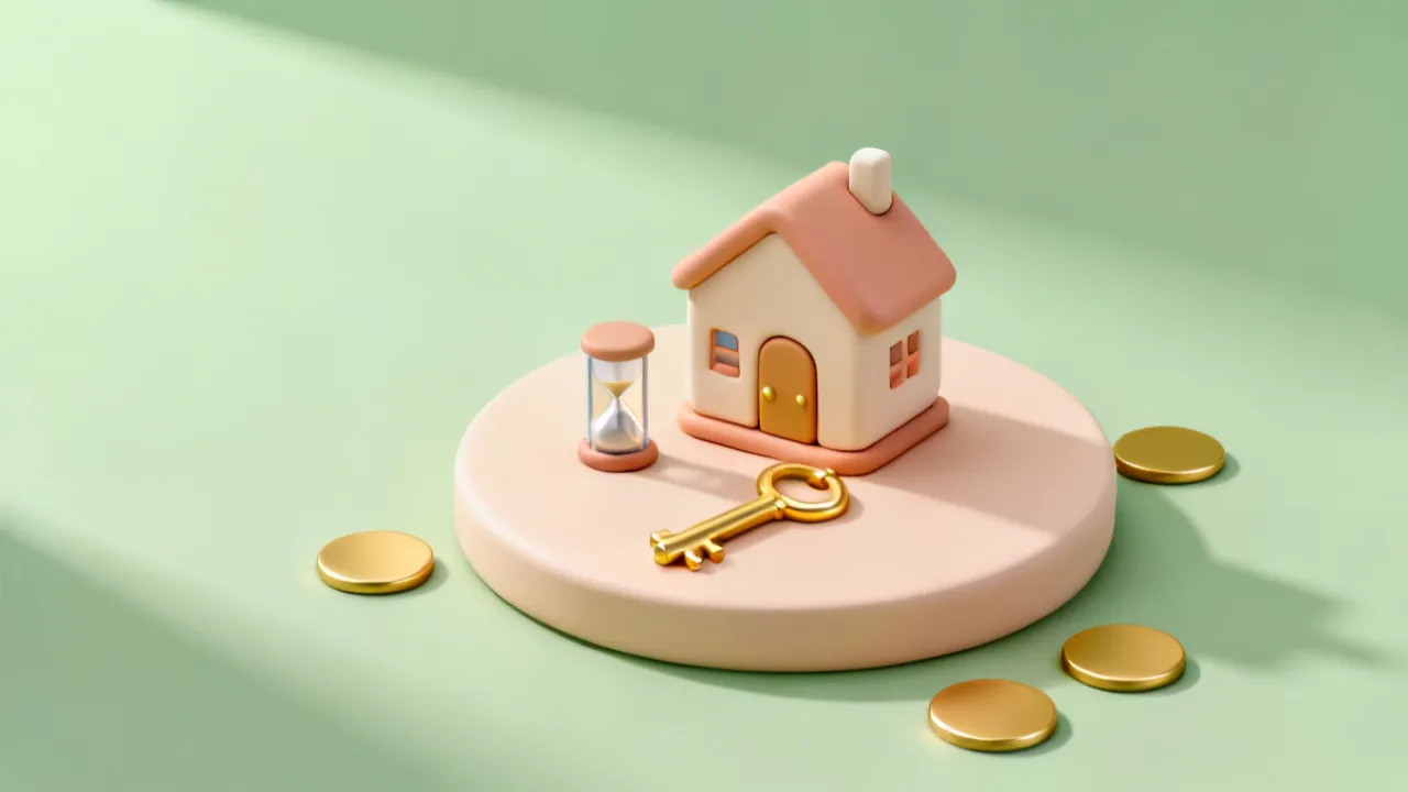 연두색 바탕의 둥근 받침 위에 작은 장난감 집과 현관 열쇠, 모래시계가 놓이고 둘레에 금화 몇 닢이 흩어진 3D 그림 — 처음 산 집의 취득세 감면과 3년 동안 지켜야 하는 추징 기간을 나타냄