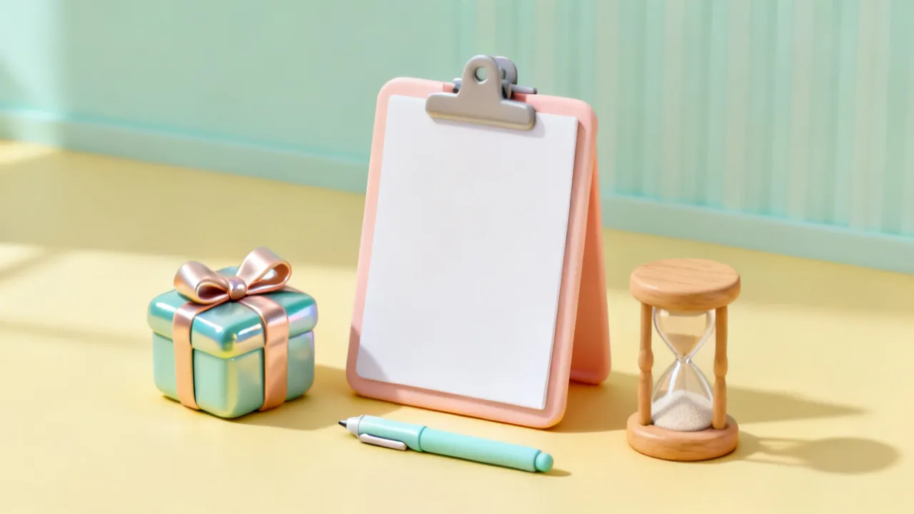 리본을 묶은 선물 상자 옆에 빈 서류를 끼운 클립보드와 펜, 모래시계가 놓인 3D 그림 — 증여받은 재산을 기한 안에 신고하는 모습을 나타냄