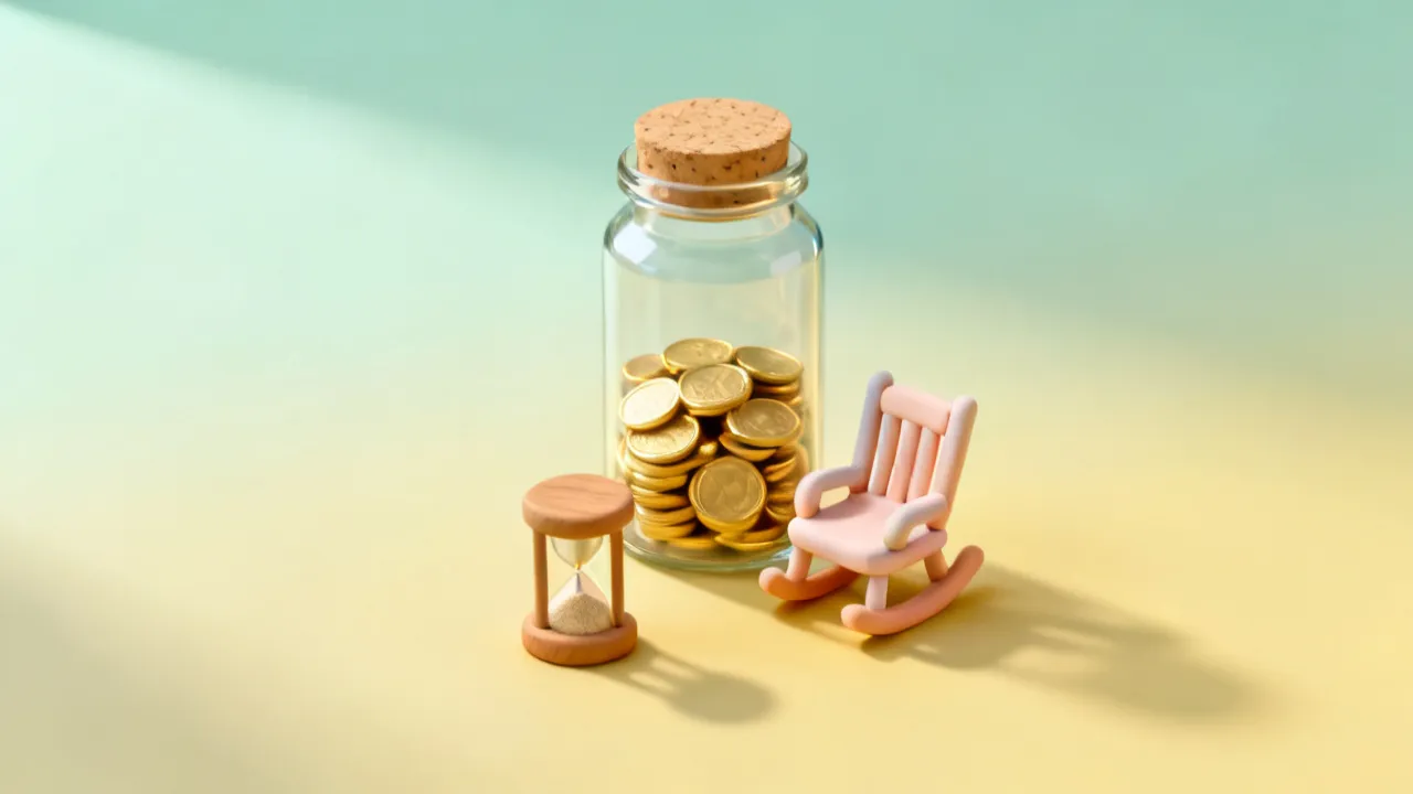 연민트와 연노랑 바탕에 뚜껑 덮인 유리 저금병에 무늬 없는 금빛 동전이 반쯤 차 있고, 옆에 작은 파스텔 흔들의자와 모래가 흐르는 나무 모래시계가 놓인 3D 그림 — 노후를 위해 연말까지 모은 돈이 세금 공제로 이어지는 모습을 나타냄