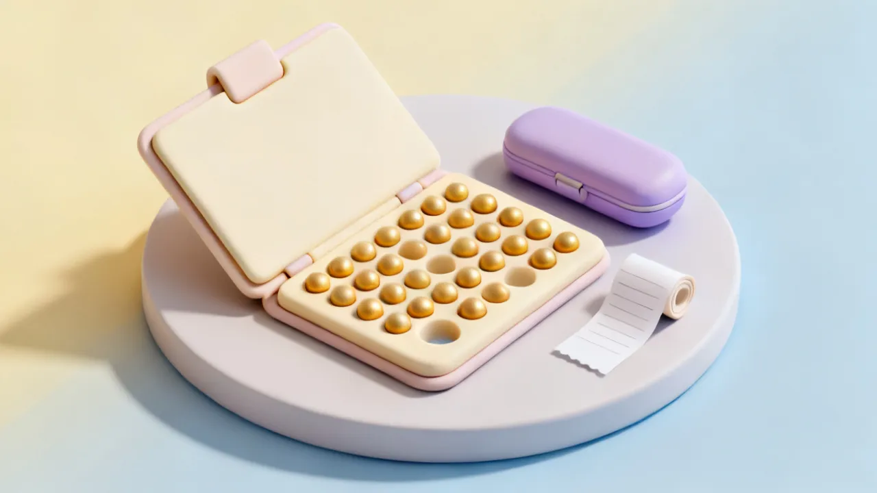 연한 버터색과 연한 하늘색이 섞인 바탕 위 둥근 받침에 크림색 점토 서류철이 펼쳐져 있고, 서류철 안쪽 판의 둥근 칸들이 금빛 점토 구슬로 채워졌는데 몇 칸만 비어 있으며, 그 옆에 닫힌 연보라 안경집과 줄만 그어진 무지 영수증 두루마리가 놓인 3D 그림 — 연말정산 간소화 자료에서 빠진 공제 서류를 직접 채워 넣는 모습을 나타냄